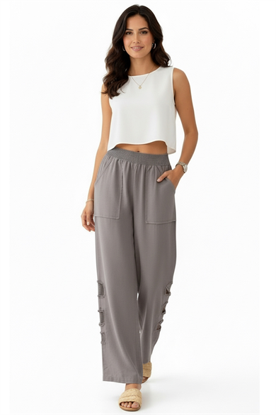 Mesh Grid Linen File Detay Bol Paça Keten Pantolon