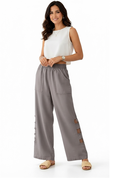 Mesh Grid Linen File Detay Bol Paça Keten Pantolon