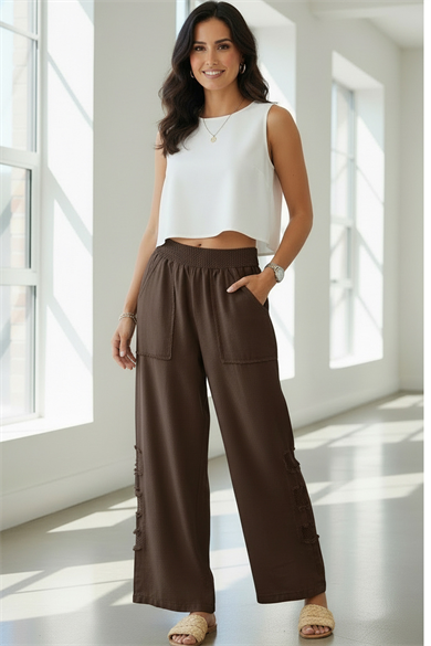 Mesh Grid Linen File Detay Bol Paça Keten Pantolon