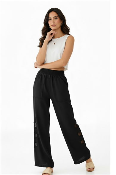 Mesh Grid Linen File Detay Bol Paça Keten Pantolon