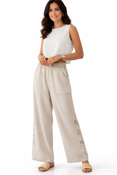 Mesh Grid Linen File Detay Bol Paça Keten Pantolon