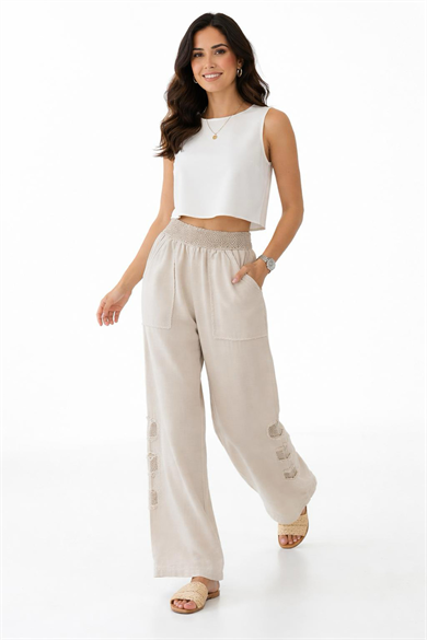 Mesh Grid Linen File Detay Bol Paça Keten Pantolon