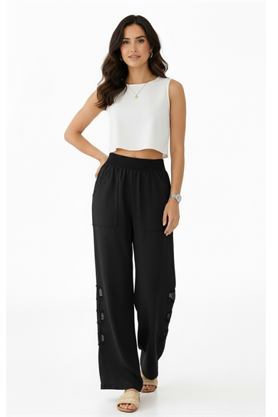 Mesh Grid Linen File Detay Bol Paça Keten Pantolon
