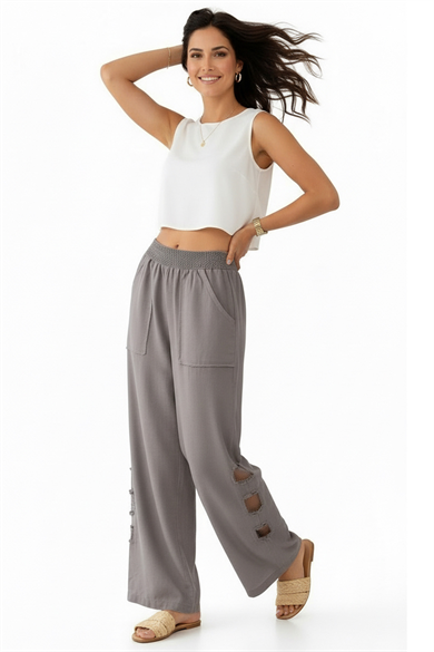 Mesh Grid Linen File Detay Bol Paça Keten Pantolon