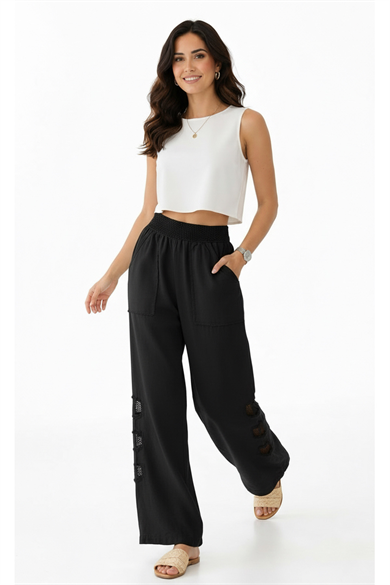 Mesh Grid Linen File Detay Bol Paça Keten Pantolon