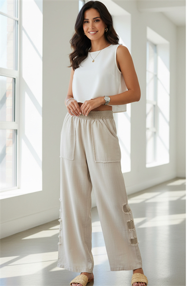 Mesh Grid Linen File Detay Bol Paça Keten Pantolon