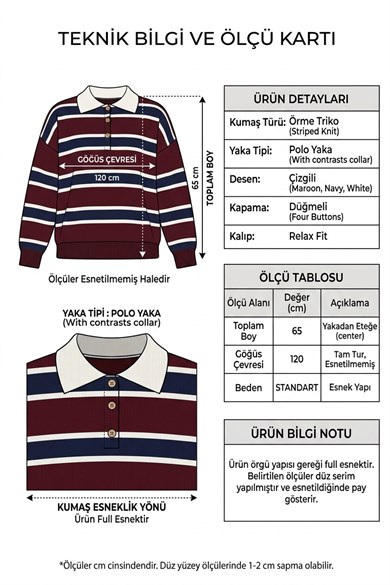 Kadın Polo Yaka Çizgili Triko Kazak – Düğmeli Bordo Lacivert Kazak