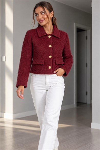 Premium Yumuşak Apreli Polo Yaka Gold Çıtçıtlı Triko Hırka - Bordo
