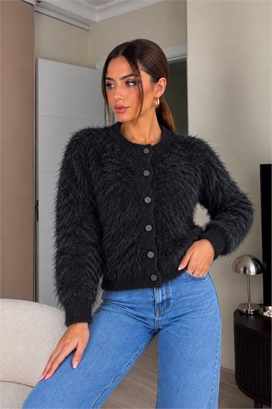 Premium Yumuşak Dokulu Bisiklet Yaka Çıtçıtlı Sakallı Triko Hırka - Siyah
