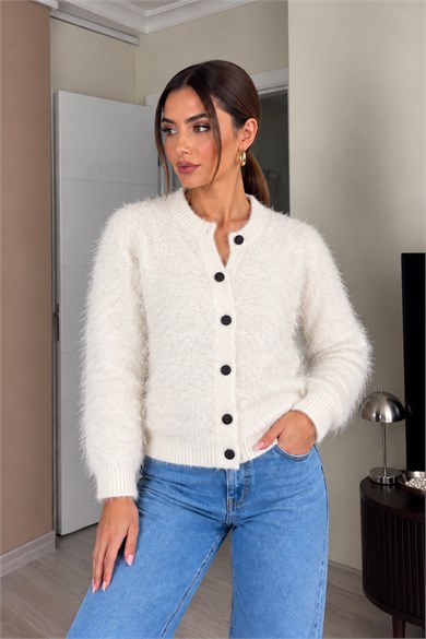 Premium Yumuşak Dokulu Bisiklet Yaka Çıtçıtlı Sakallı Triko Hırka - Beyaz