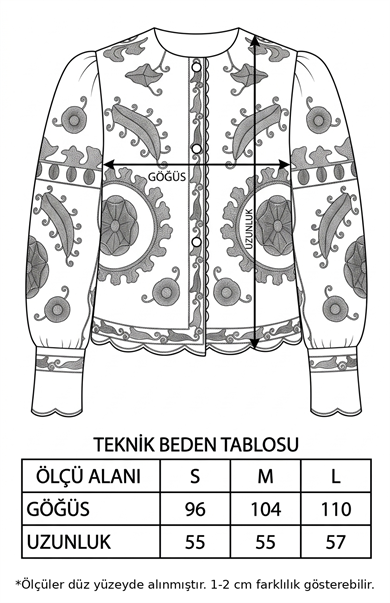 Premium Tasarım Etnik Motif Nakış İşlemeli İnci Düğmeli Balon Kol Ceket