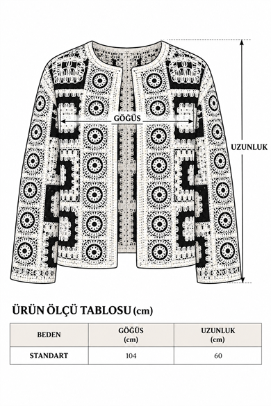 Premium Tasarım Siyah Krem El İşi Görünümlü Patchwork Kroşe Hırka