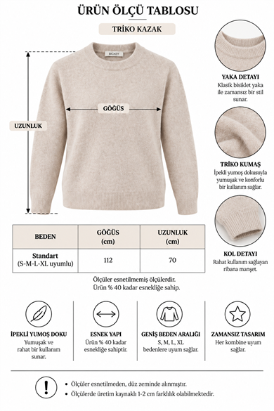 Premium Soft İpek Dokulu Bisiklet Yaka Triko Kazak - Füme