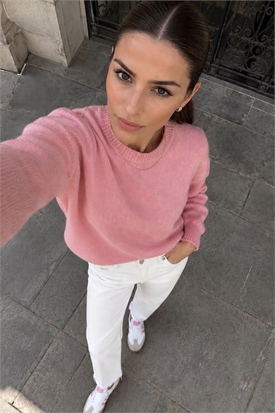 Premium Soft İpek Dokulu Bisiklet Yaka Triko Kazak - Pembe