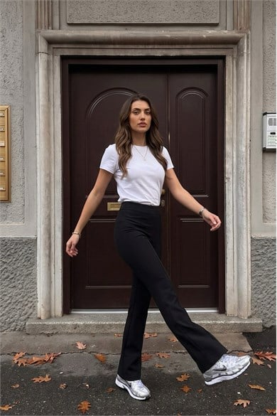 Kadın Yüksek Bel Ön Dikişli Full Esnek Modal İspanyol Paça Tayt Pantolon - Siyah