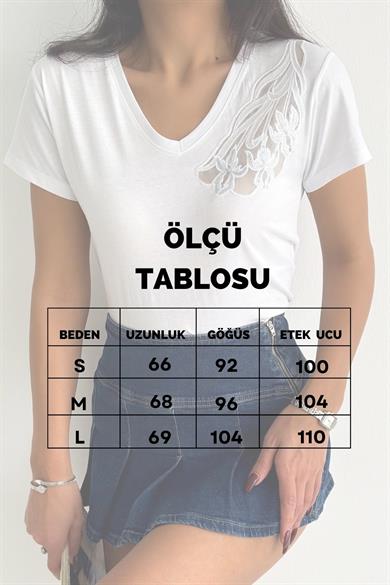 Tek Omuz Çiçek Tül Detay Tasarım Tişört