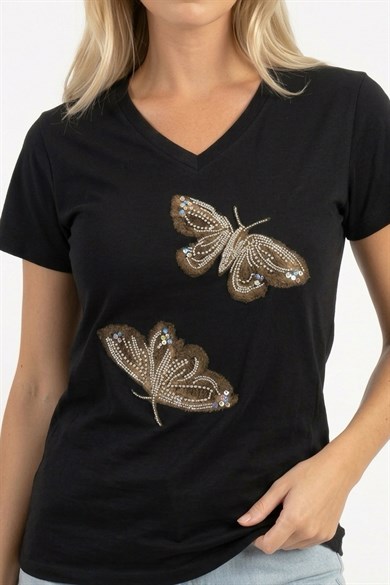 Butterfly Taş ve İnci İşlemeli V Yaka Pamuklu Kadın Tişört