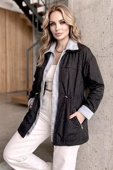 Taş Detaylı Kadın Ceket Oversize Bel Ayarlı Denim Görünümlü Premium Trenç Mont