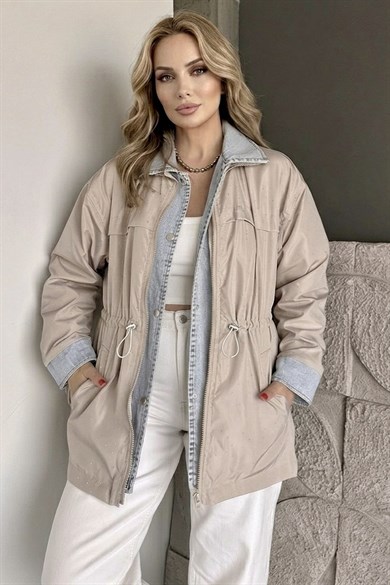 Taş Detaylı Kadın Ceket Oversize Bel Ayarlı Denim Görünümlü Premium Trenç Mont