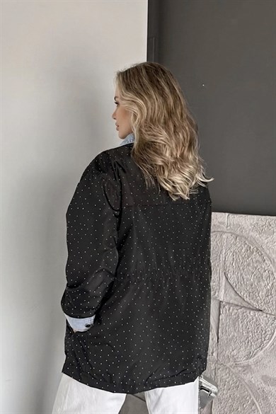 Taş Detaylı Kadın Ceket Oversize Bel Ayarlı Denim Görünümlü Premium Trenç Mont