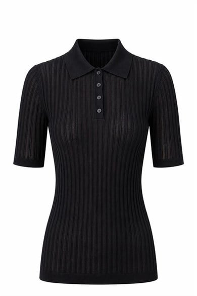 Kadın Premium Polo Yaka Fitilli Merserize Triko Bluz – Siyah