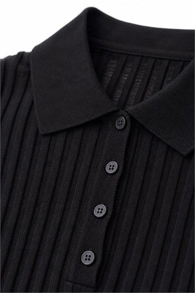 Kadın Premium Polo Yaka Fitilli Merserize Triko Bluz – Siyah