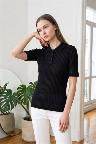 Kadın Premium Polo Yaka Fitilli Merserize Triko Bluz – Siyah