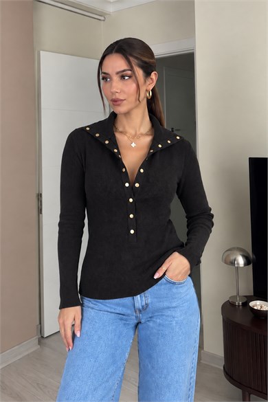 Ürgüp Gold Çıtçıtlı Polo Yaka Fitilli Triko Bluz - Siyah