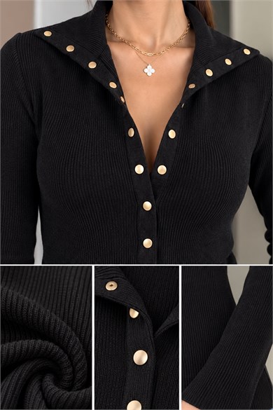 Ürgüp Gold Çıtçıtlı Polo Yaka Fitilli Triko Bluz - Siyah