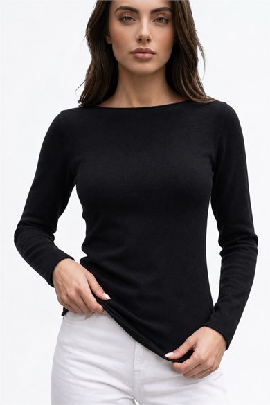 Kadın Kayık Yaka Angora Dokulu İnce Triko Bluz – Yumuşak Fit Kesim Kazak - Siyah