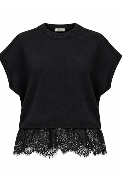 Kadın Dantel Detaylı Kısa Kollu Triko Bluz – Oversize Siyah