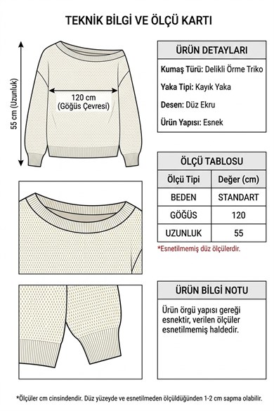 Kayık Yaka Delikli Örgü Triko Kazak – Düşük Omuz Krem Bluz