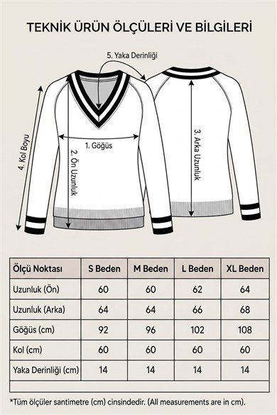 Kadın V Yaka Kolej Yaka Triko Kazak – Şerit Detaylı Ve Manşet Biyo Desenli Bluz - Siyah