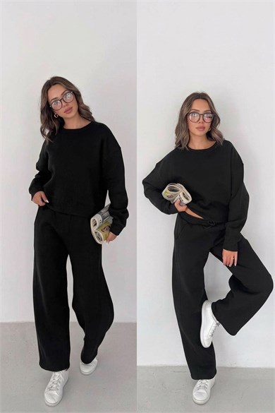 Kadın Bisiklet Yaka Sweatshirt ve Bol Paça Cepli Pantolon Üç İplik Şardonlu Eşofman Takımı - Siyah