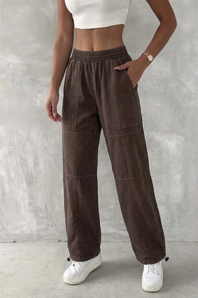 Kadın Oversize Baggy Pantolon – Vintage Yıkamalı Beli Lastikli Salaş Fit
