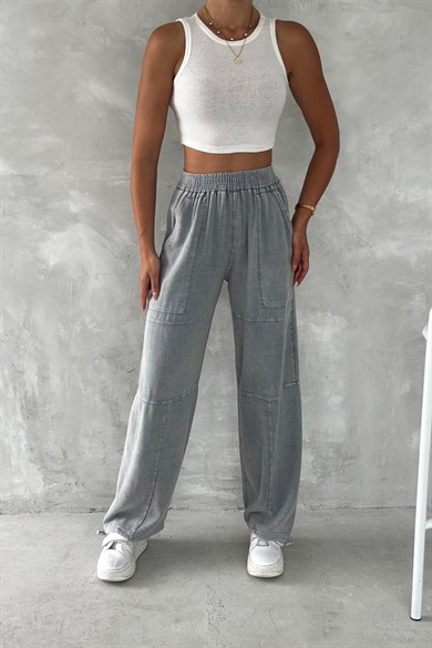Kadın Oversize Baggy Pantolon – Vintage Yıkamalı Beli Lastikli Salaş Fit