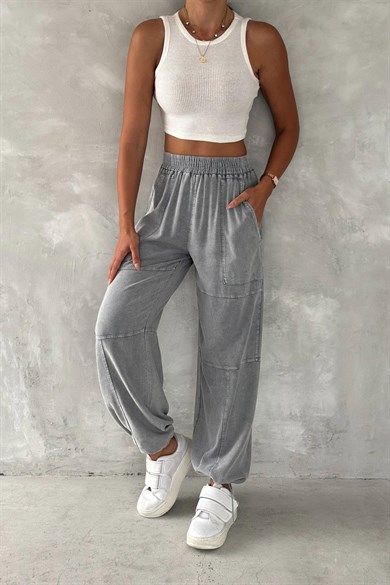 Kadın Oversize Baggy Pantolon – Vintage Yıkamalı Beli Lastikli Salaş Fit