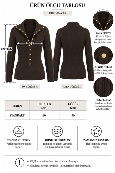 Ürgüp Gold Çıtçıtlı Polo Yaka Fitilli Triko Bluz - Kahve