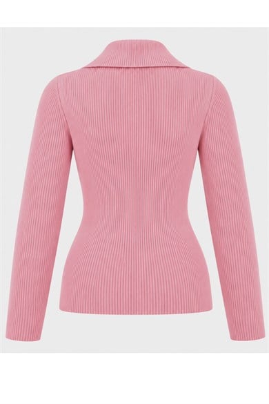 Ürgüp Gold Çıtçıtlı Polo Yaka Fitilli Triko Bluz - Pembe