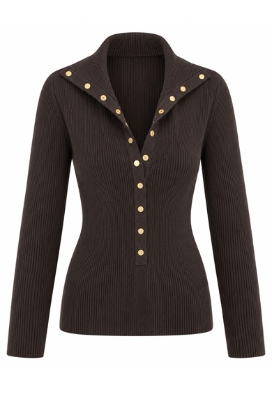 Ürgüp Gold Çıtçıtlı Polo Yaka Fitilli Triko Bluz - Kahve