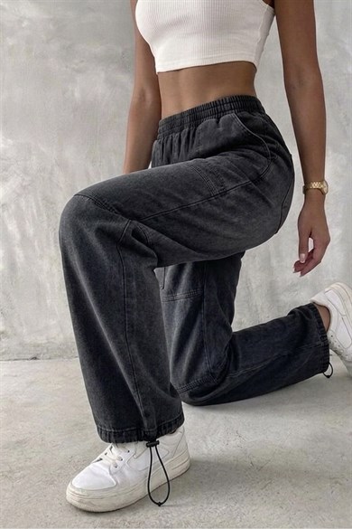 Kadın Oversize Baggy Pantolon – Vintage Yıkamalı Beli Lastikli Salaş Fit