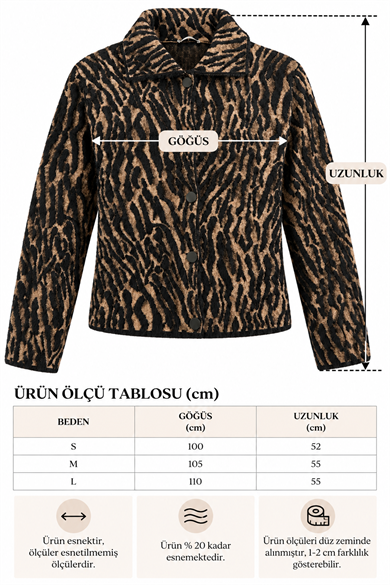 Kadın Premium Yün Efektli Jakarlı Zebra Desenli Polo Yaka Ceket Hırka  - Vizon