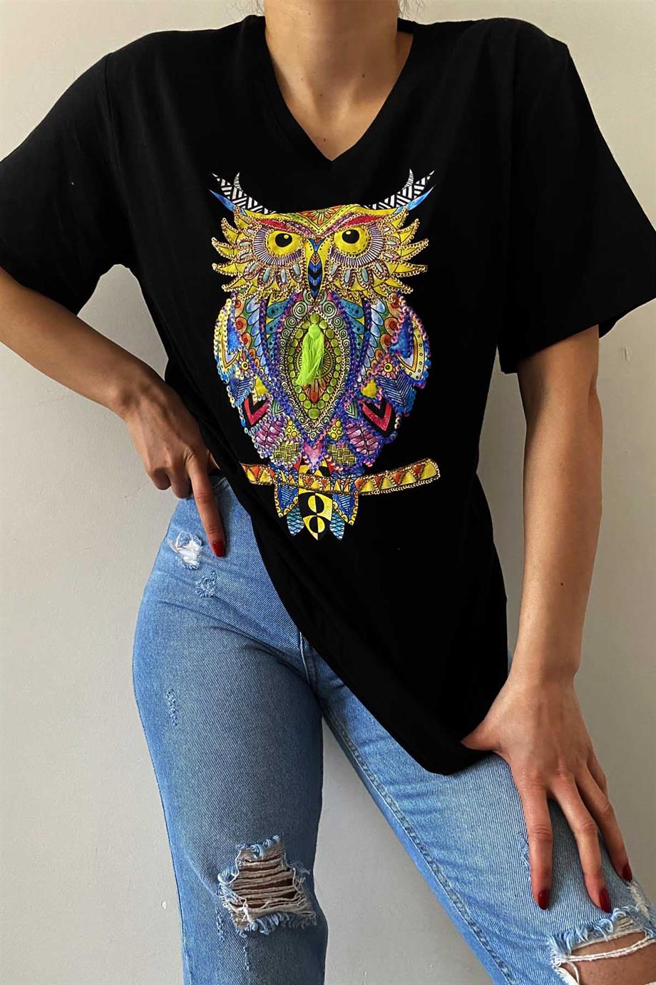 baykuş Desen V Yaka Büyük Beden Tasarım Tişört