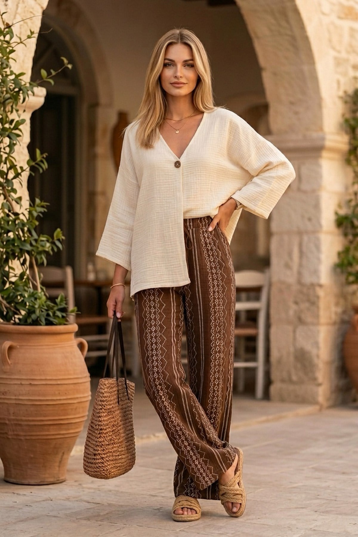 Kadın Müslin Kimono Pantolon Kombin %100 PamukKadın Müslin Kimono Pantolon Takım %100 Pamuk Yazlık Alaçatı KombinHAZIR KOMBİNLERİSTANGÜL BUTİK