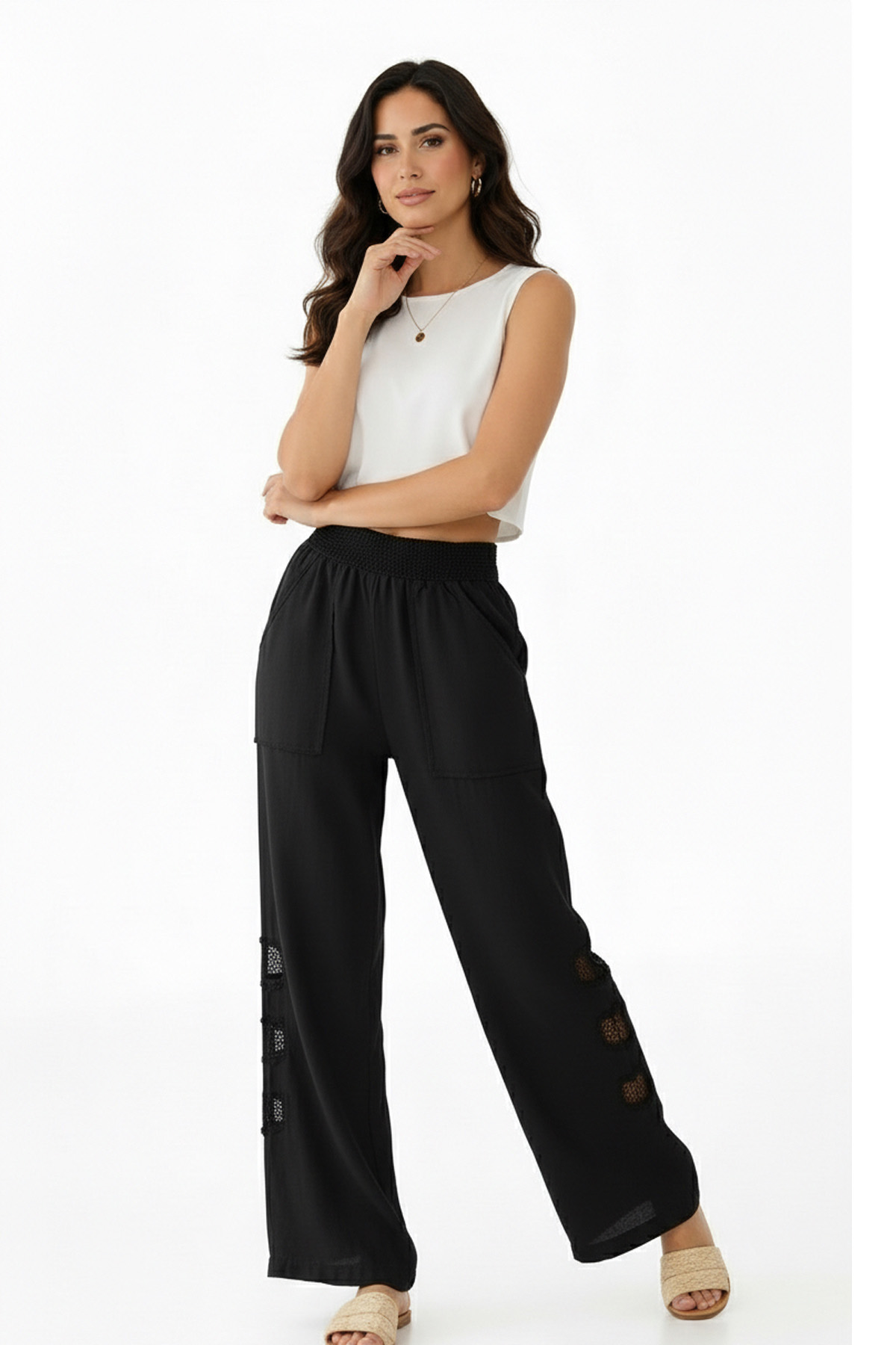 Mesh Grid Linen File Detay Bol Paça Keten PantolonPantolonİSTANGÜL BUTİK
