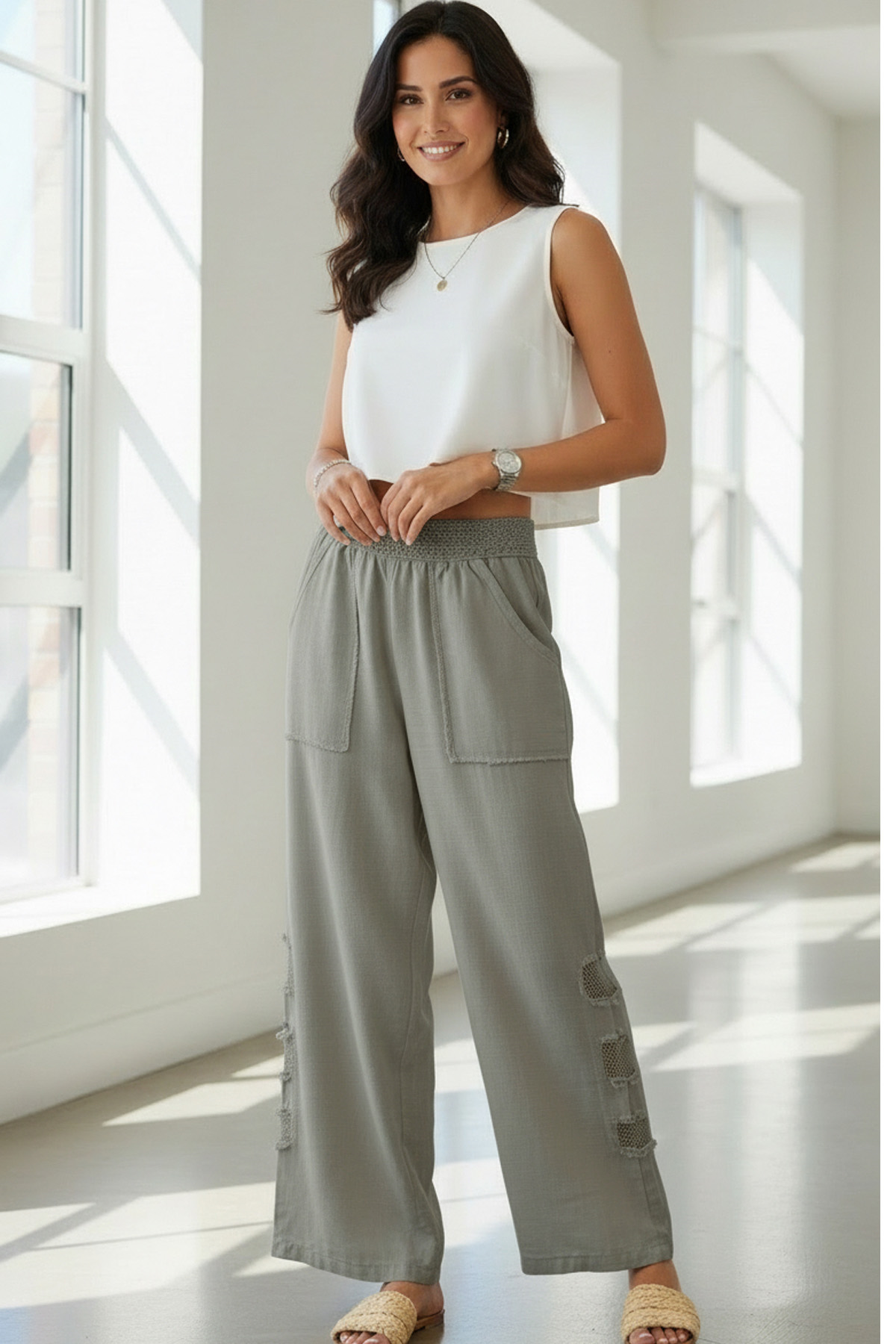 Mesh Grid Linen File Detay Bol Paça Keten PantolonPantolonİSTANGÜL BUTİK
