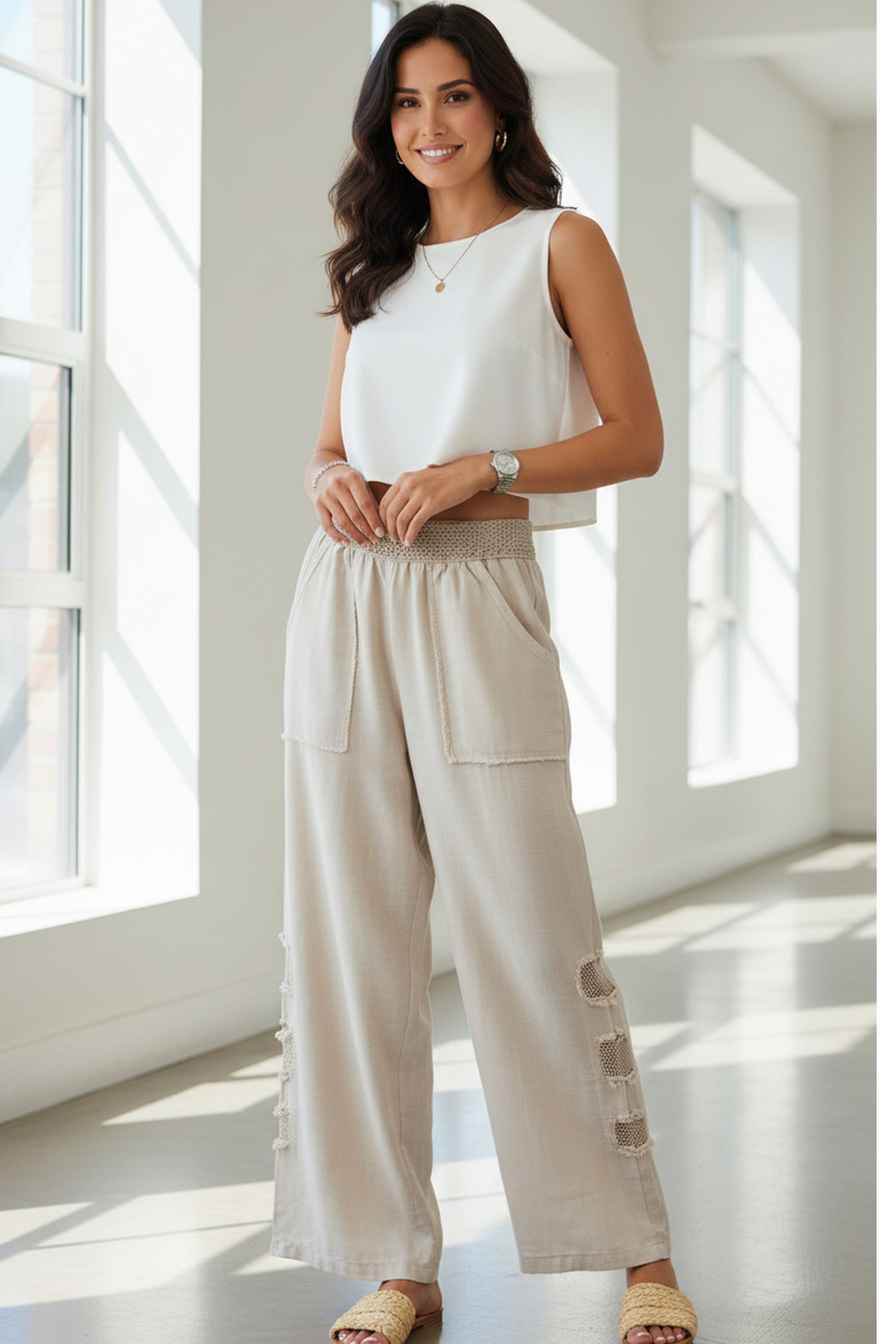 Mesh Grid Linen File Detay Bol Paça Keten PantolonPantolonİSTANGÜL BUTİK