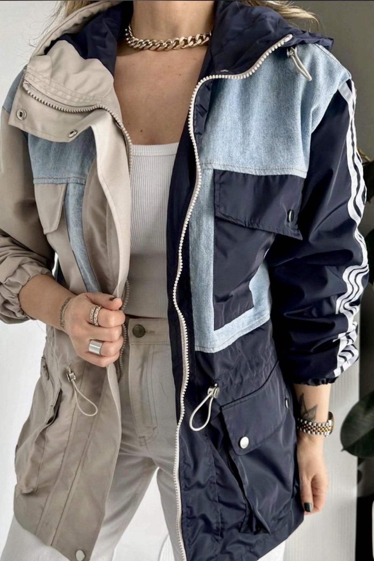 Monaco Denim Detaylı Kapüşonlu Trenç CeketTrenckotİSTANGÜL BUTİK