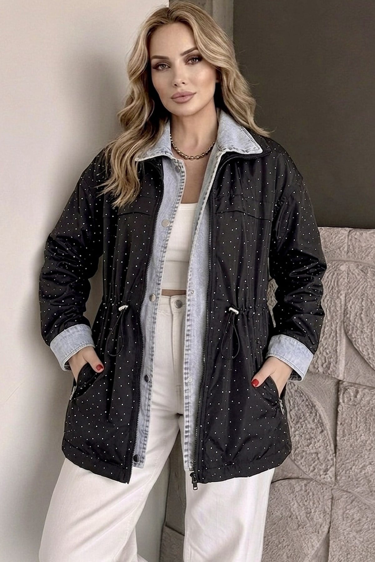 Taş Detaylı Kadın Ceket Oversize Bel Ayarlı Denim Görünümlü Premium Trenç MontTrenckotİSTANGÜL BUTİK