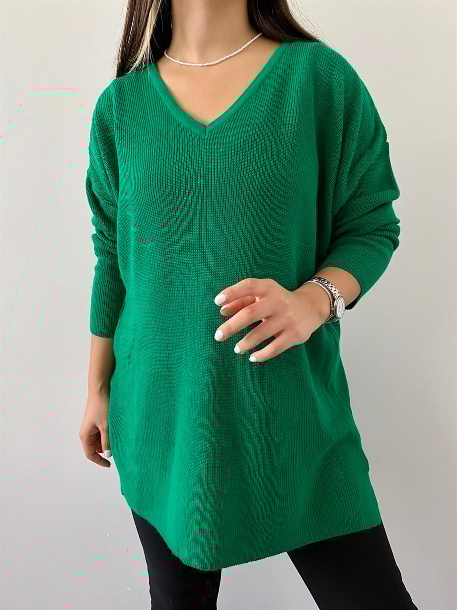 V Yaka Selanik Örgü Yırtmaçlı Triko